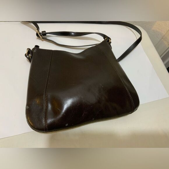 Monsac Purse Dark Brown Patent Shiny leather shoulder bag small - Picture 1 of 13